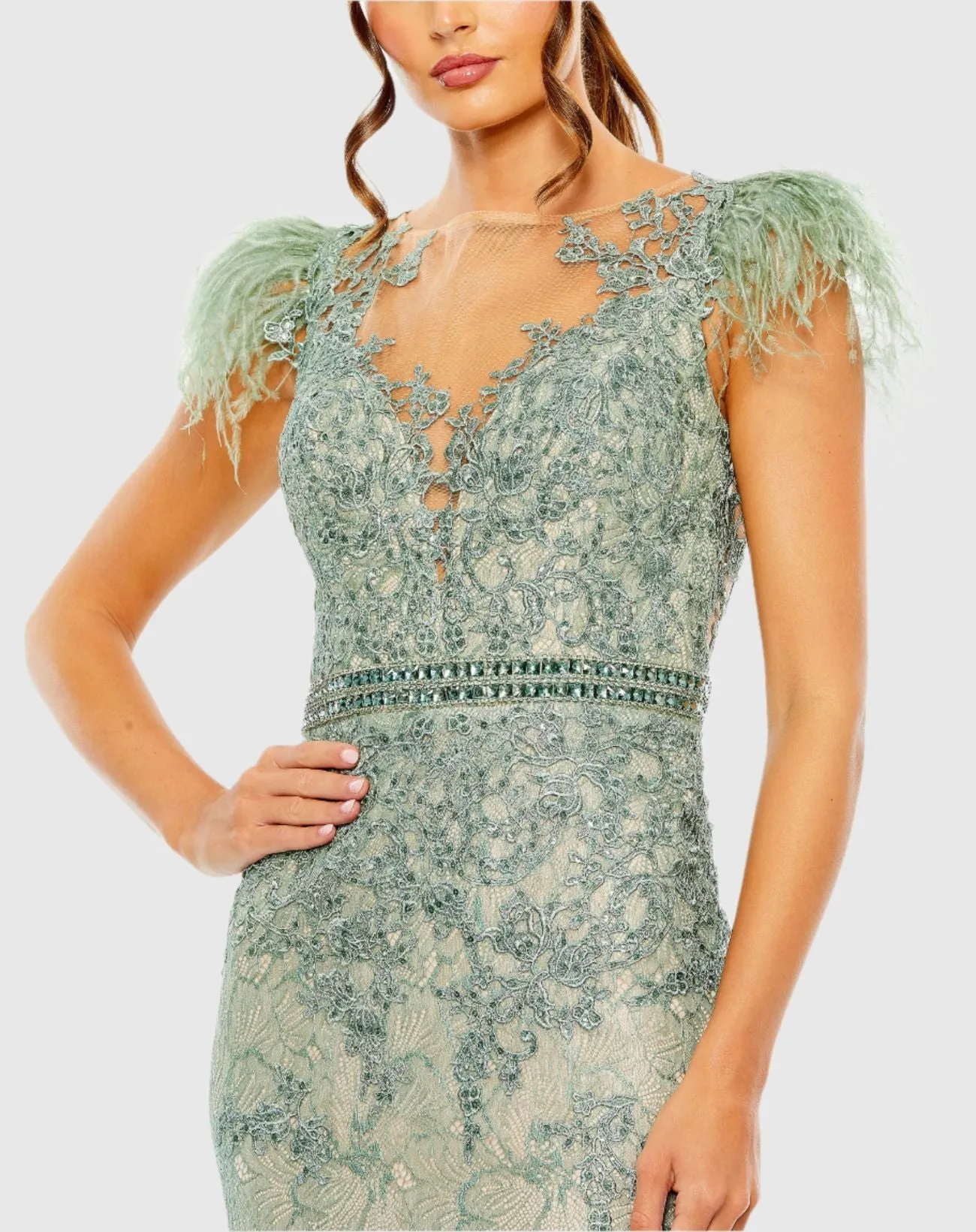Green Embellished Feather Cap Sleeve Illusion Neck Trumpet Gown sold by Mac Duggal product image thumbnail 2