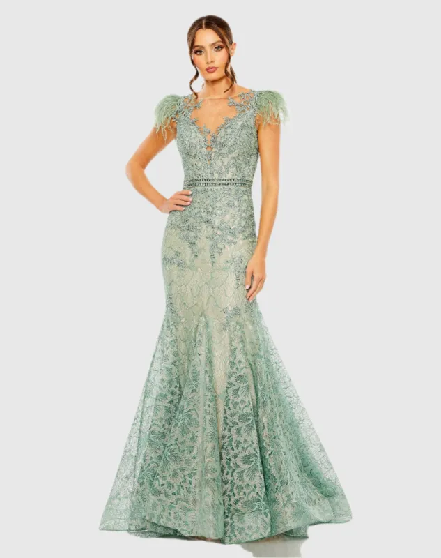 Green Embellished Feather Cap Sleeve Illusion Neck Trumpet Gown sold by Mac Duggal