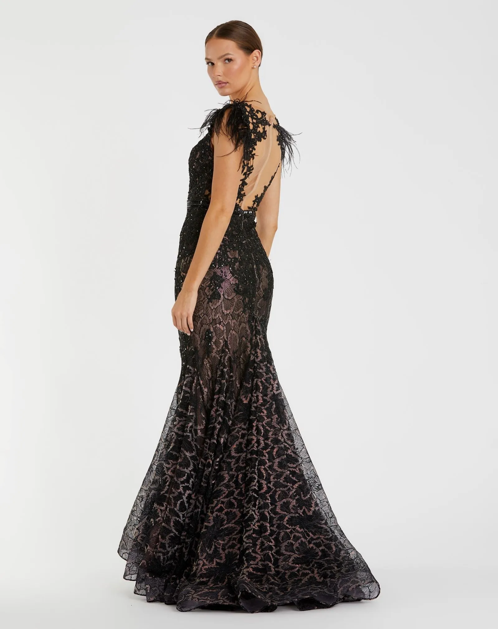 Black Embellished Feather Cap Sleeve Illusion Neck Trumpet Gown sold by Mac Duggal product image thumbnail 3