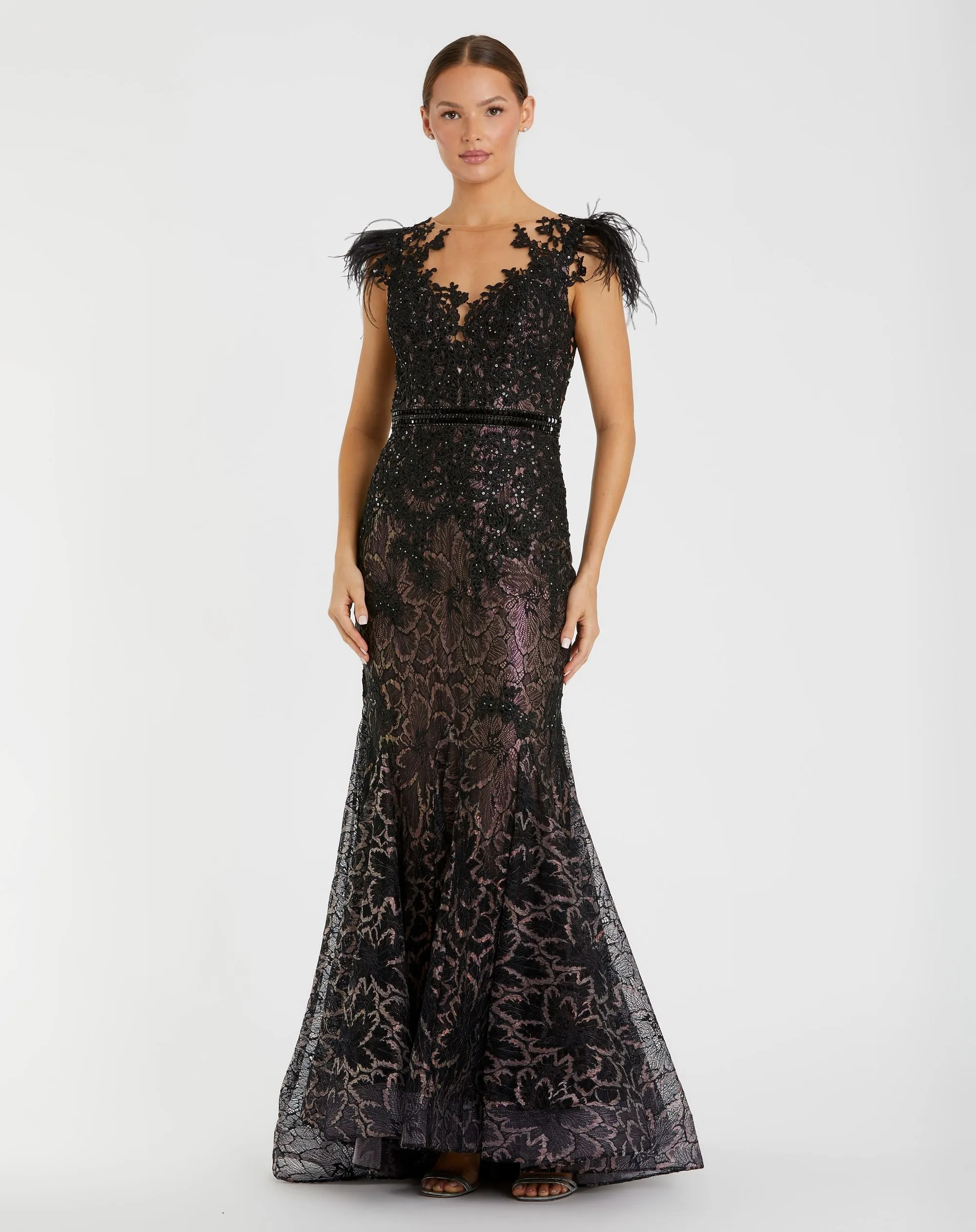 Black Embellished Feather Cap Sleeve Illusion Neck Trumpet Gown sold by Mac Duggal