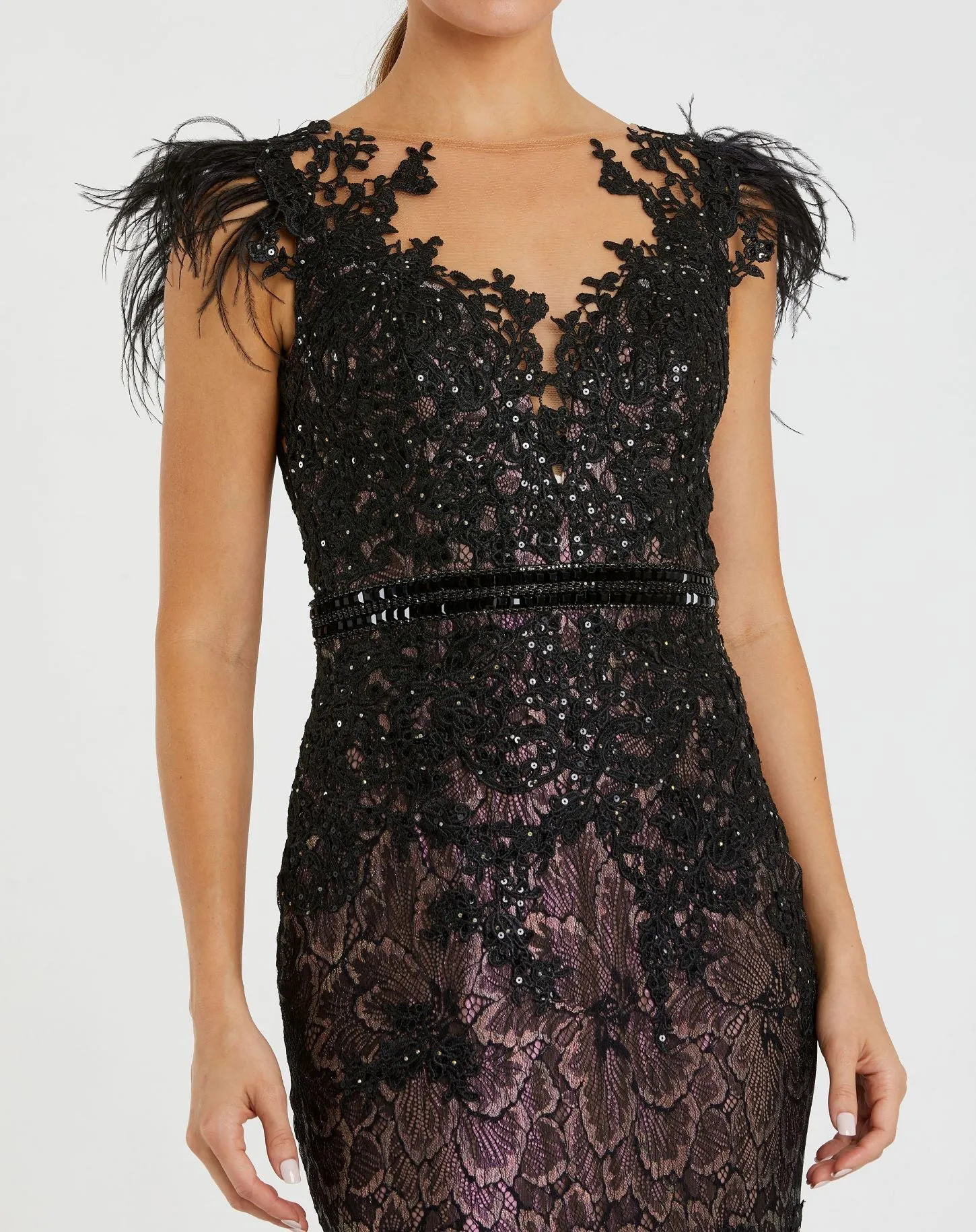 Black Embellished Feather Cap Sleeve Illusion Neck Trumpet Gown sold by Mac Duggal product image thumbnail 2