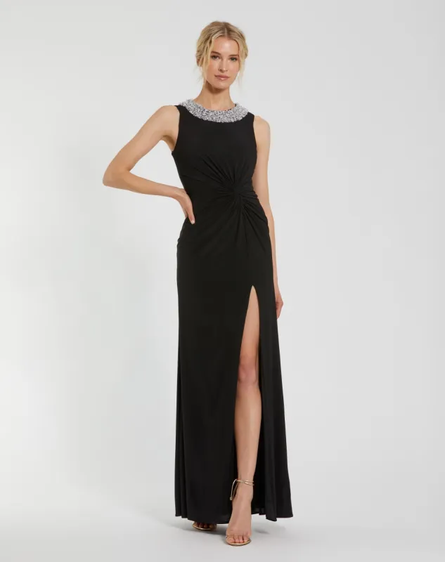 Black Jersey Sleeveless Beaded Neck Gown With Twist sold by Mac Duggal