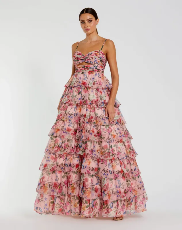 Pink Floral Cut Out Ruffle Tiered Gown sold by Mac Duggal
