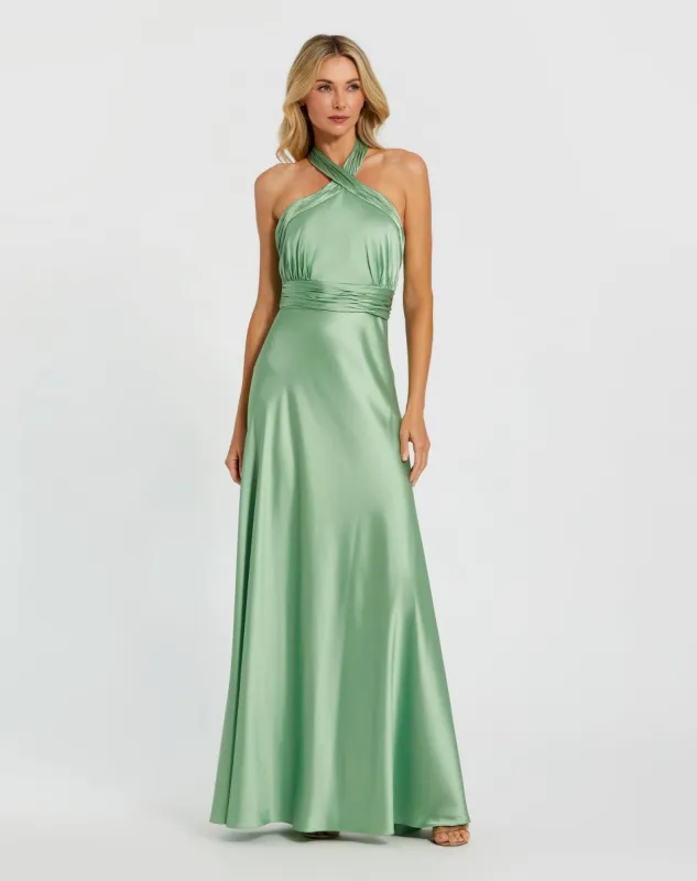 Green Ruched Halter Neck Tie Back Satin Gown sold by Mac Duggal