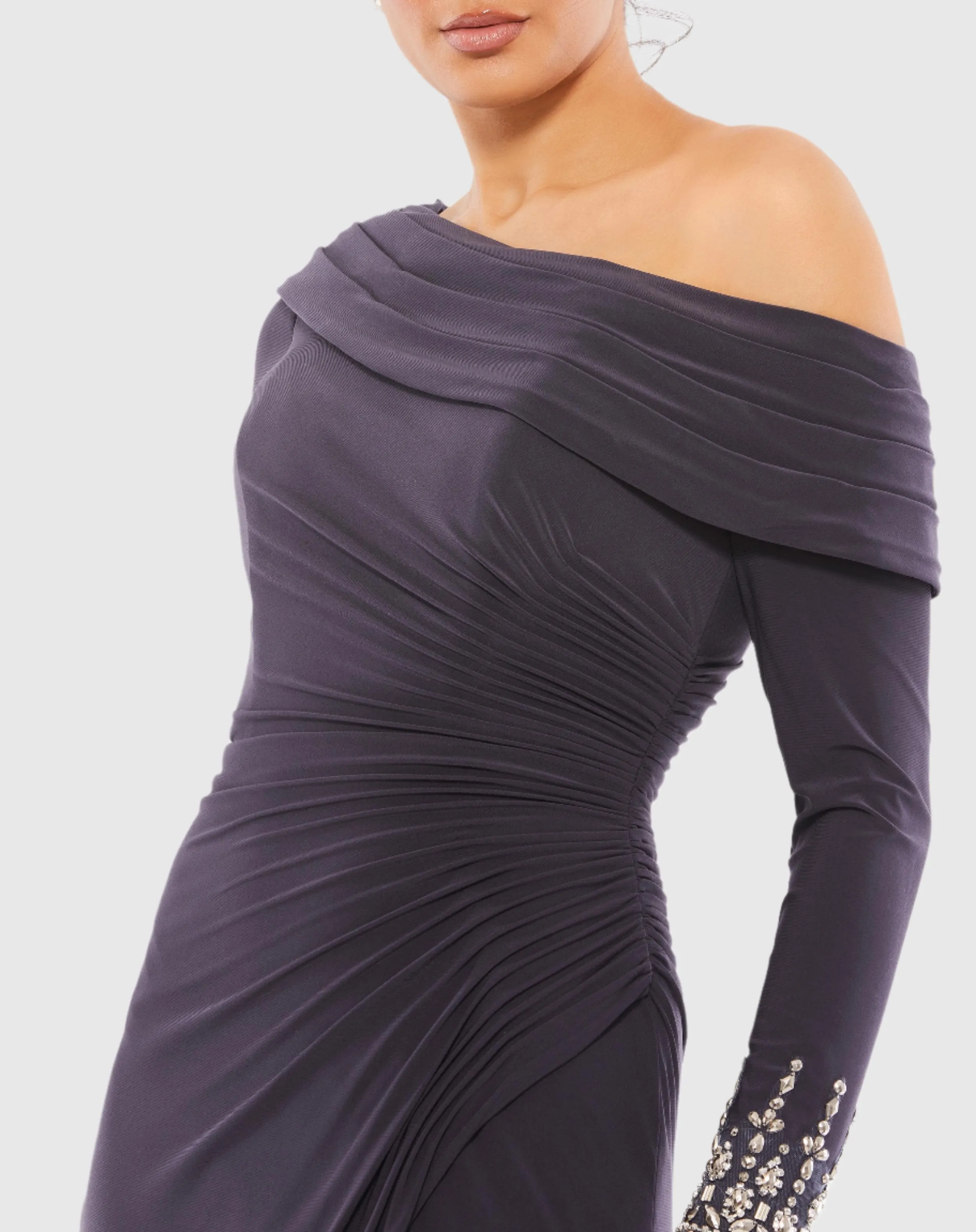 Purple Foldover Long Sleeve Jeweled Midi Dress sold by Mac Duggal product image thumbnail 2