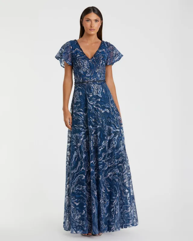 Embellished Illusion Butterfly Sleeve A-Line Gown sold by Mac Duggal