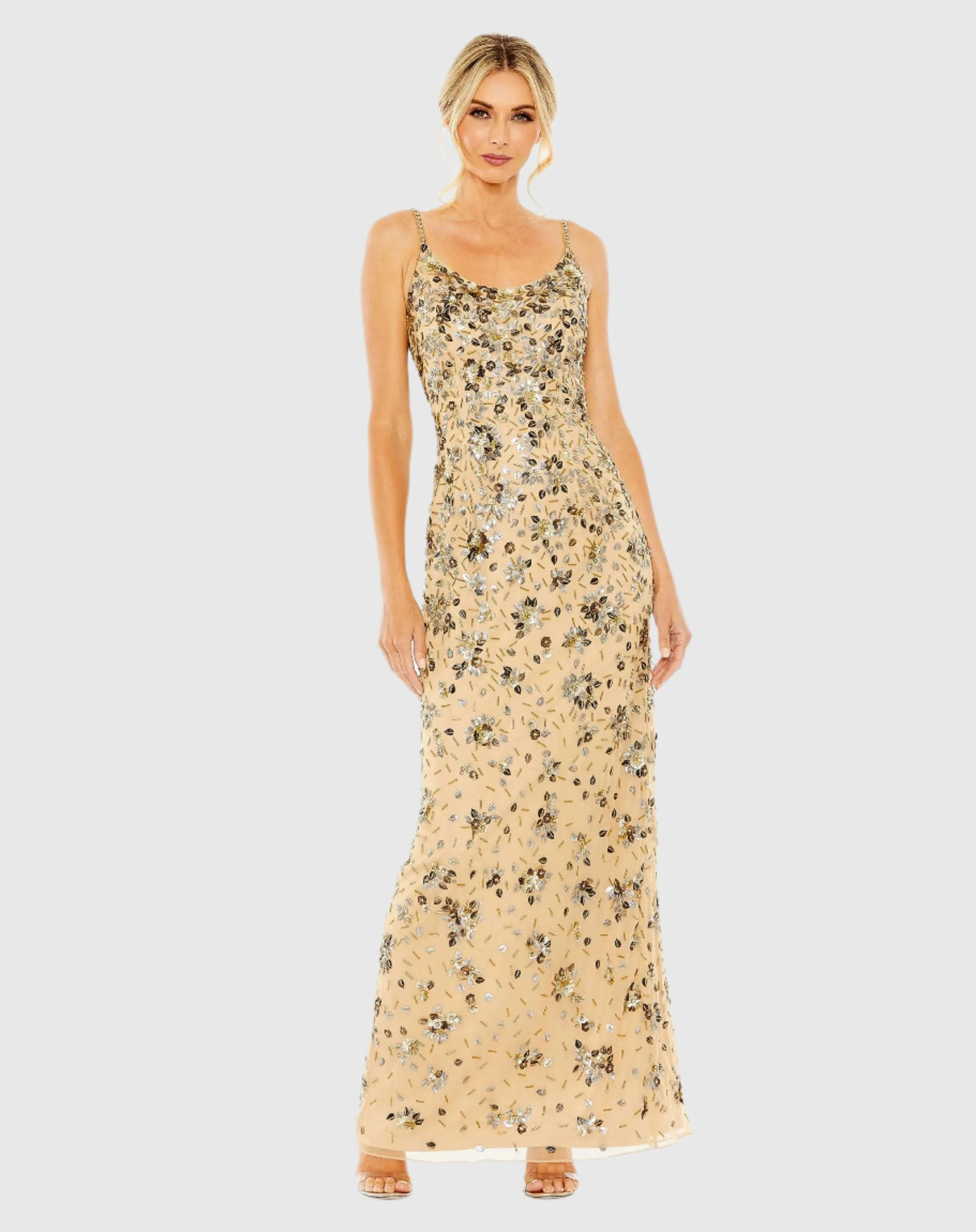 Beige Floral Embellished Scoop Neck Evening Gown - FINAL SALE sold by Mac Duggal