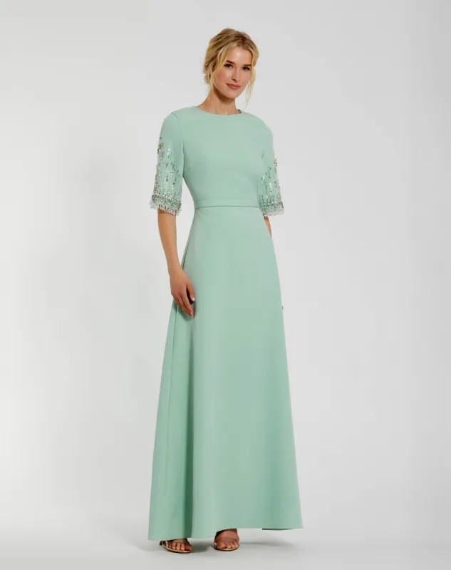 Green Crepe A Line Gown With Beaded 3/4 Sleeves sold by Mac Duggal