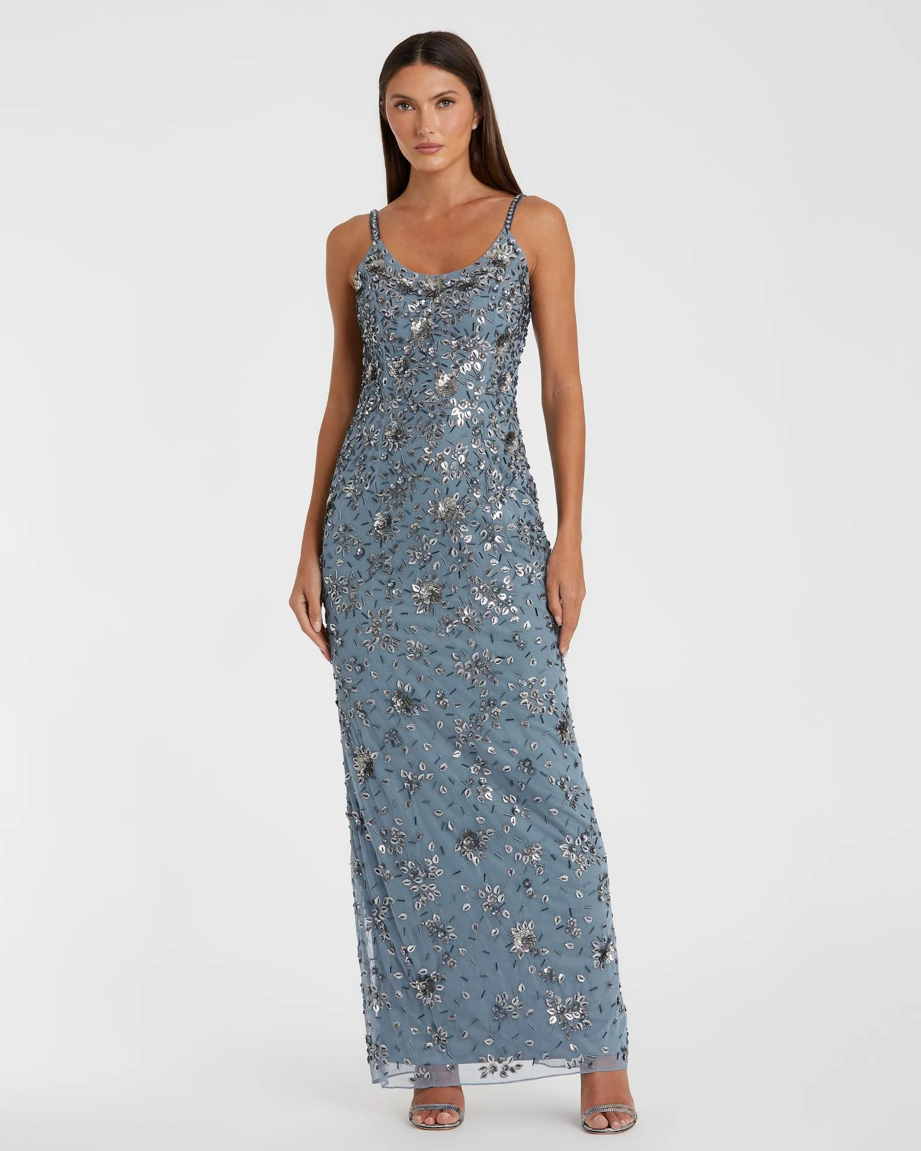 Blue Floral Embellished Scoop Neck Evening Gown sold by Mac Duggal