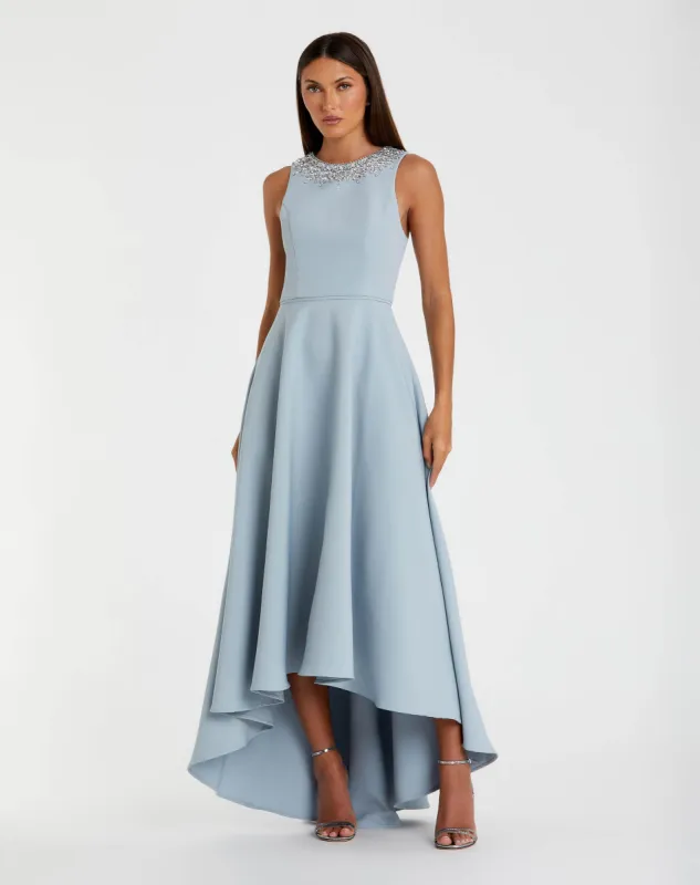 Blue Crepe Embellished Neck High Low Gown sold by Mac Duggal