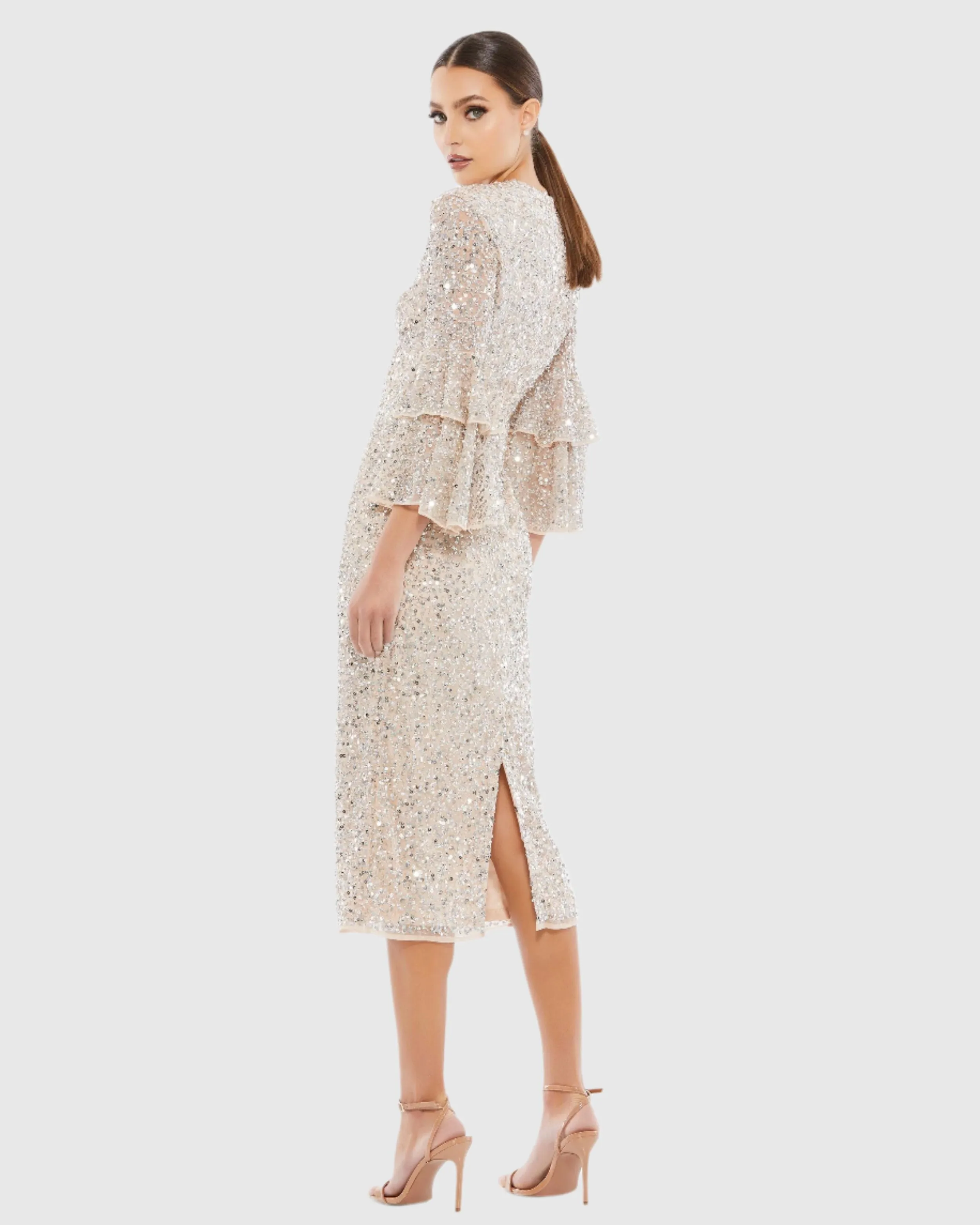 Beige and Silver Fully Sequined Ruffle Tiered 3/4 Sleeve Midi Dress sold by Mac Duggal product image thumbnail 3
