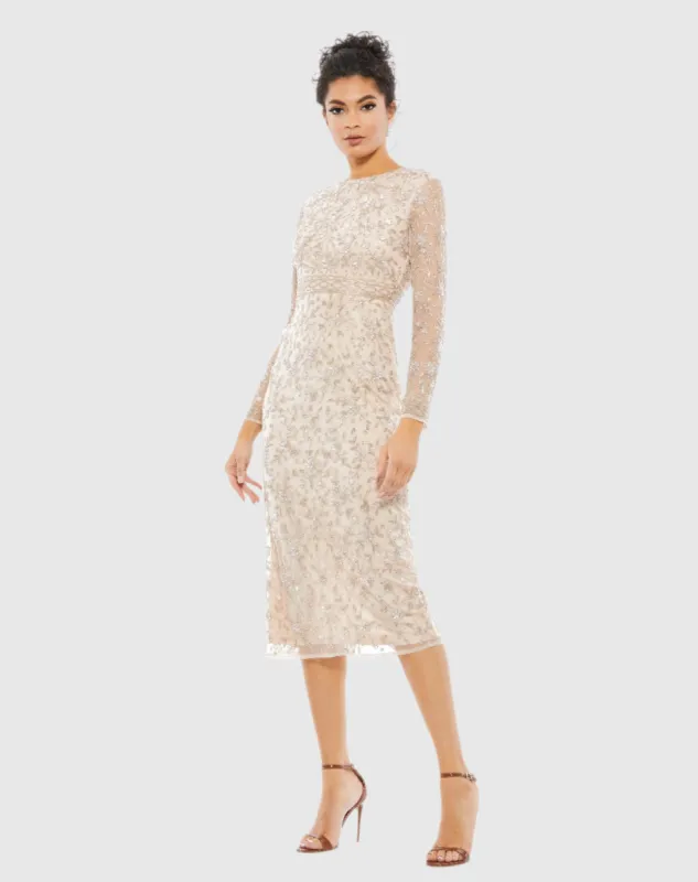 Beaded Tea Length Dress w/ Sheer Sleeves sold by Mac Duggal
