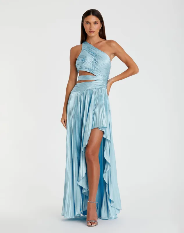Blue One Shoulder Pleated Charmeuse High Low Gown sold by Mac Duggal