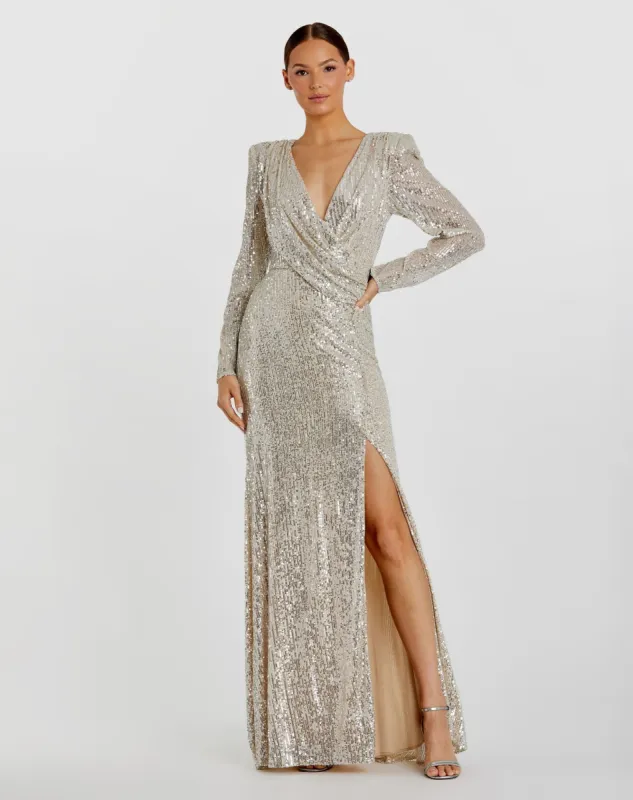 Sequined Long Sleeve Faux Wrap Ruched Gown sold by Mac Duggal