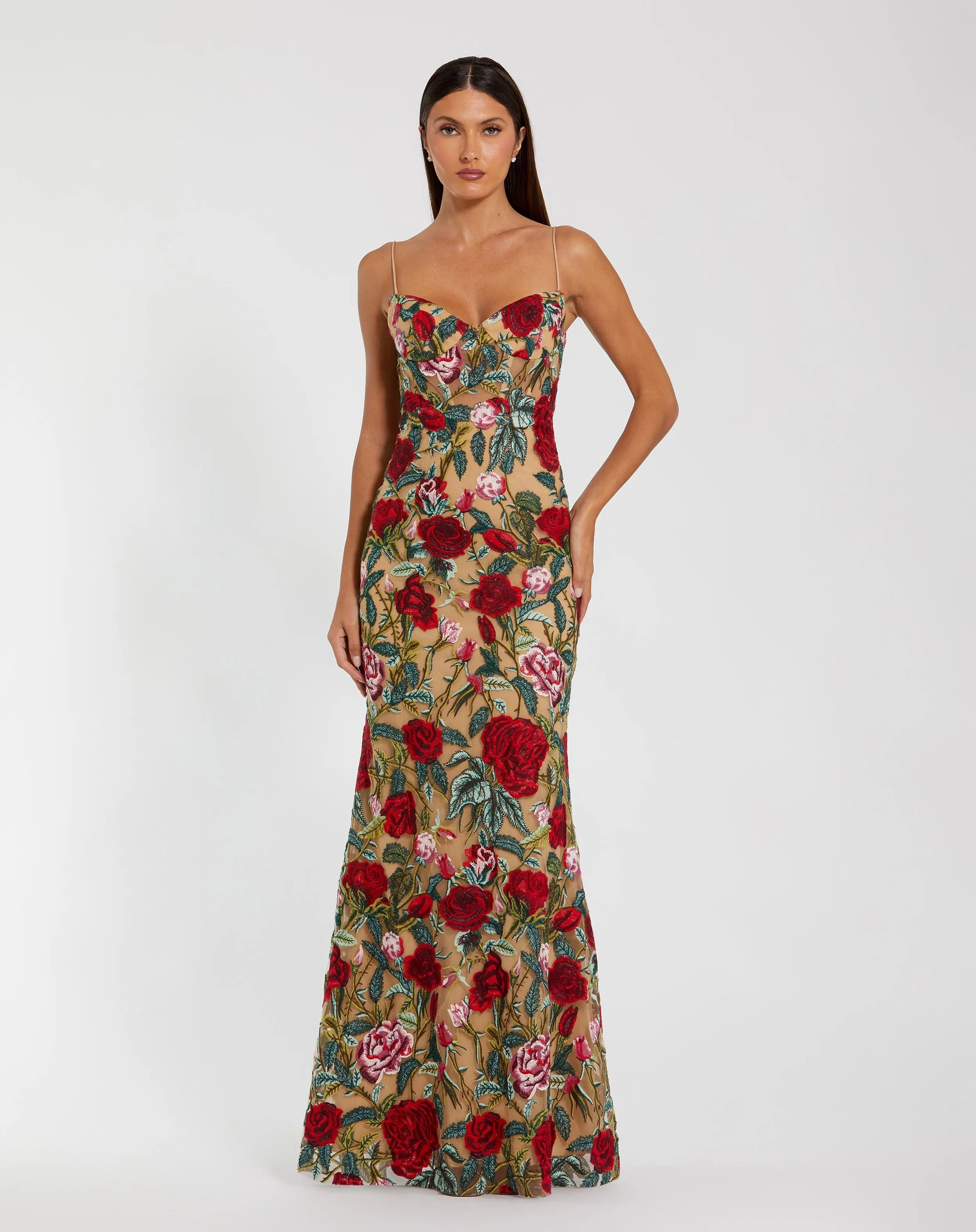 Beige Multicolor Embroidered Spaghetti Strap Floral Dress sold by Mac Duggal
