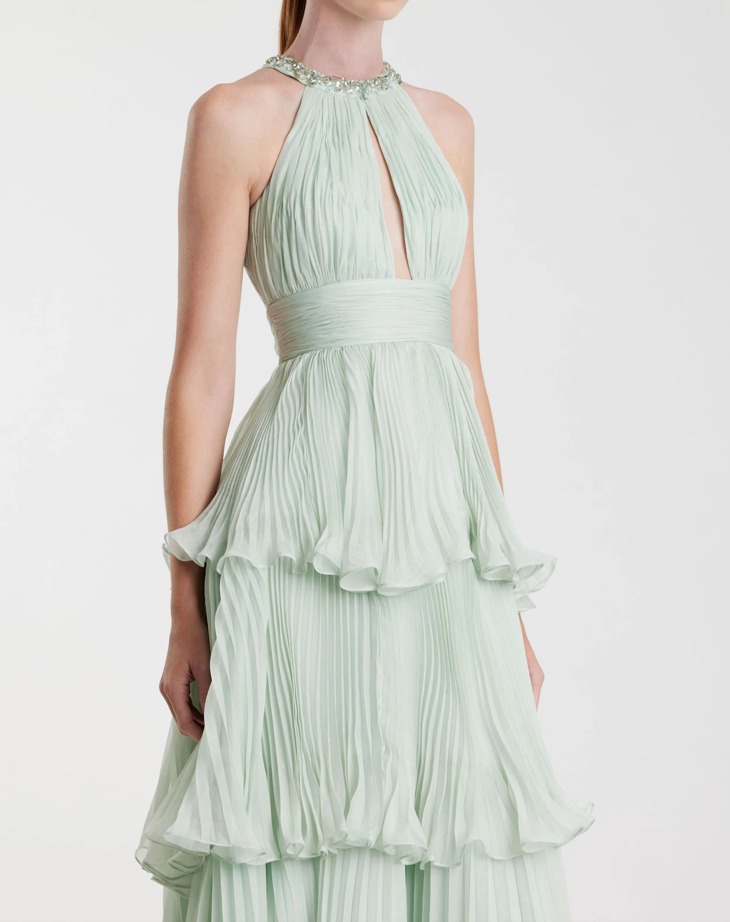 Green High Neck Chiffon Tiered Gown with Cut Out sold by Mac Duggal product image thumbnail 2