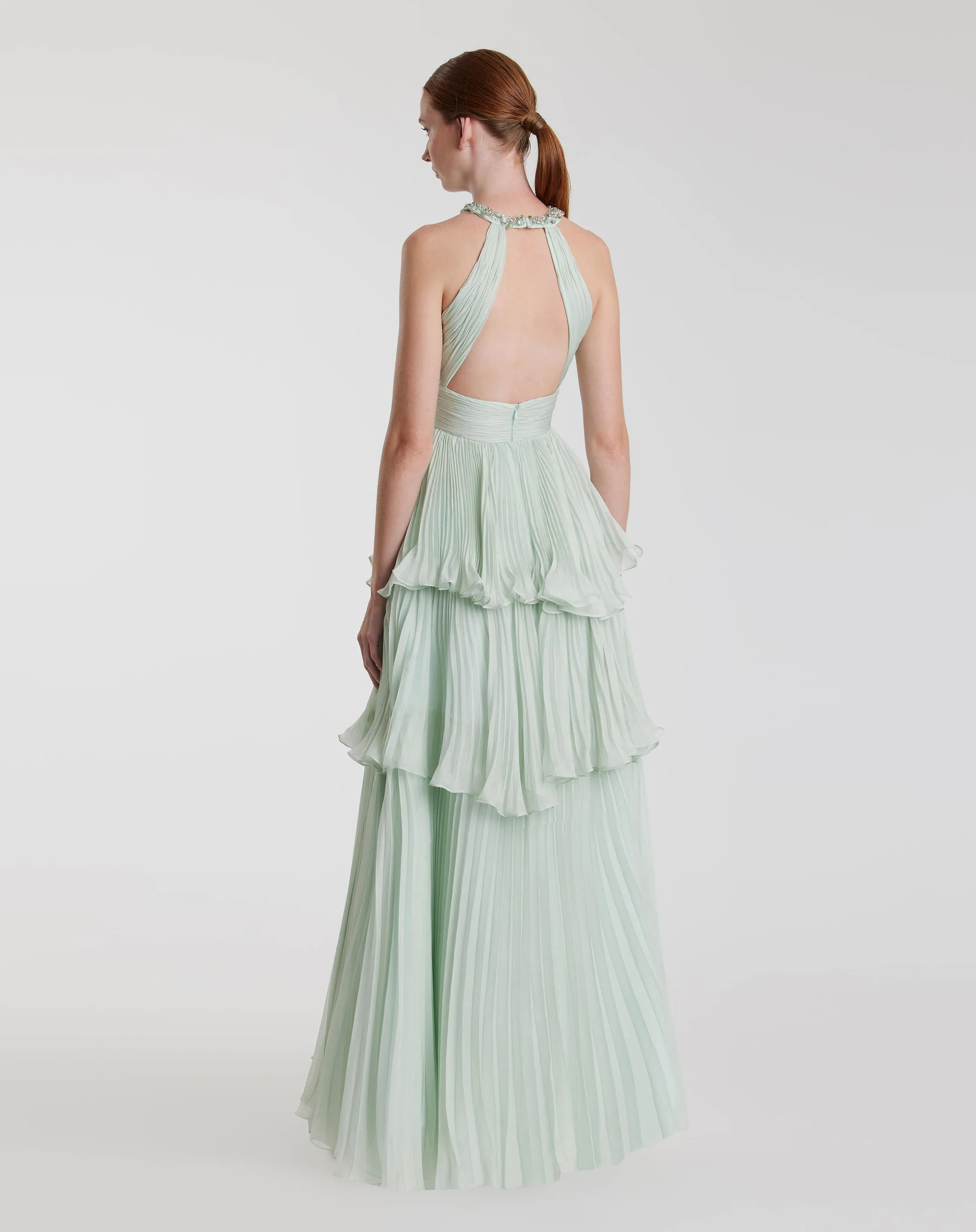Green High Neck Chiffon Tiered Gown with Cut Out sold by Mac Duggal product image thumbnail 3