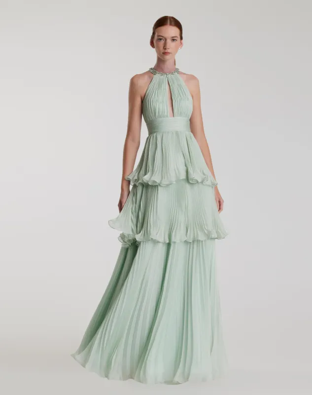 Green High Neck Chiffon Tiered Gown with Cut Out sold by Mac Duggal