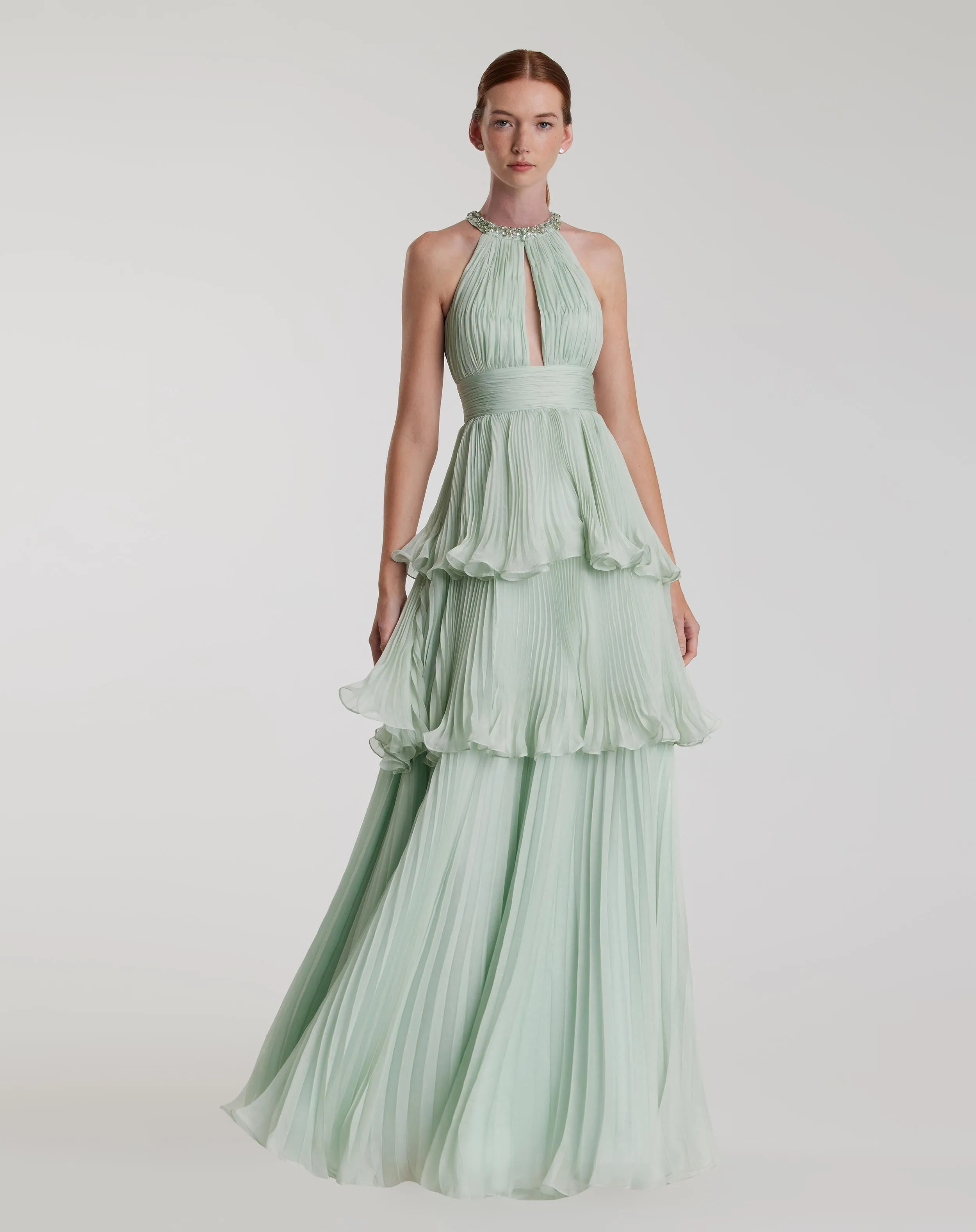 Green High Neck Chiffon Tiered Gown with Cut Out sold by Mac Duggal