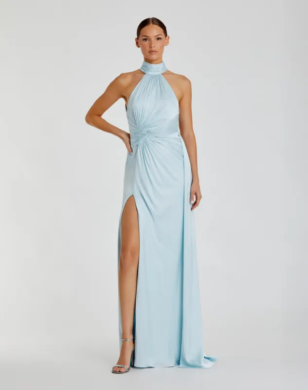 Light Blue Open Back High Neck Side Ruched Gown sold by Mac Duggal