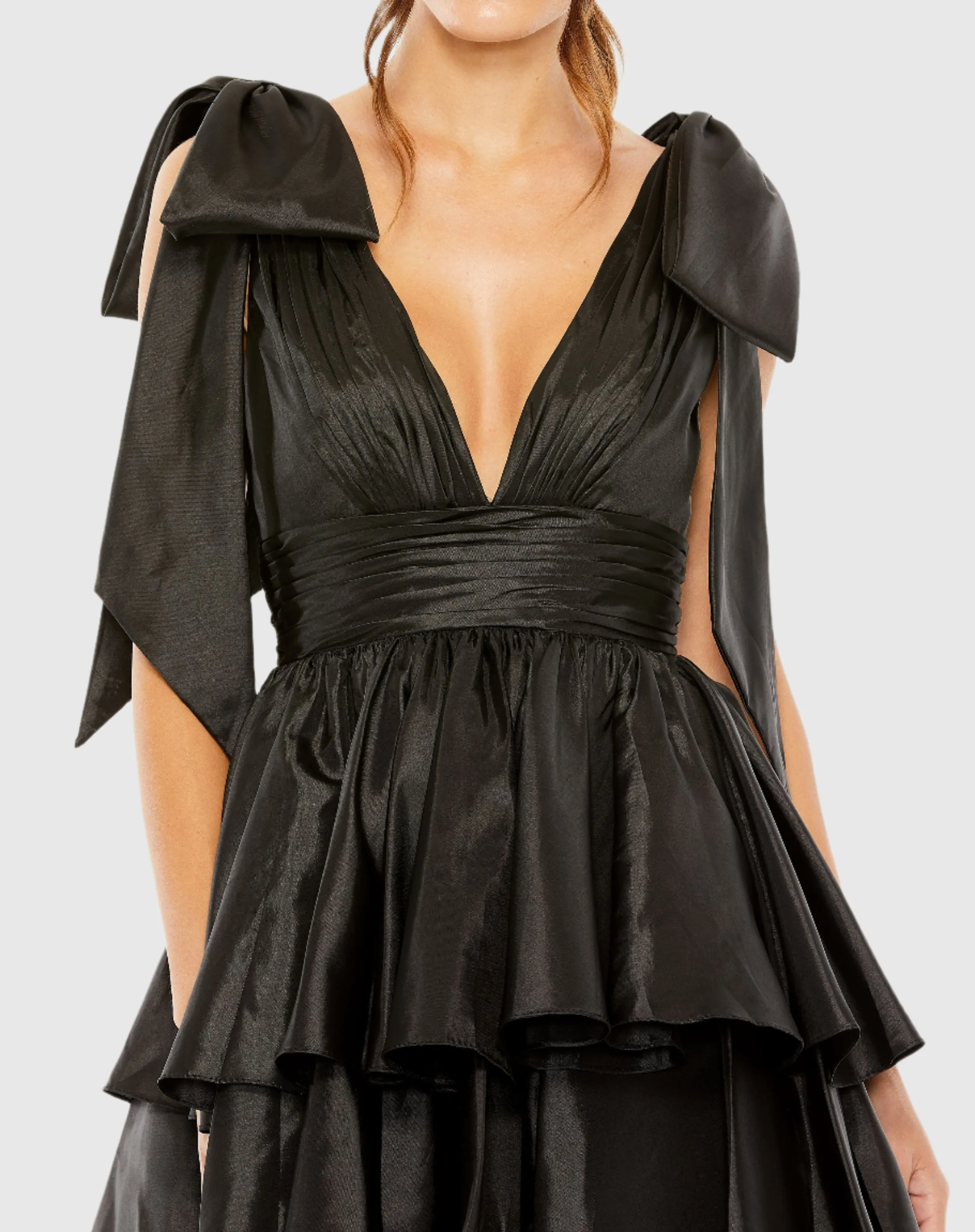 Black Oversized Bow Deep V Ruffle Mini Dress sold by Mac Duggal product image thumbnail 2