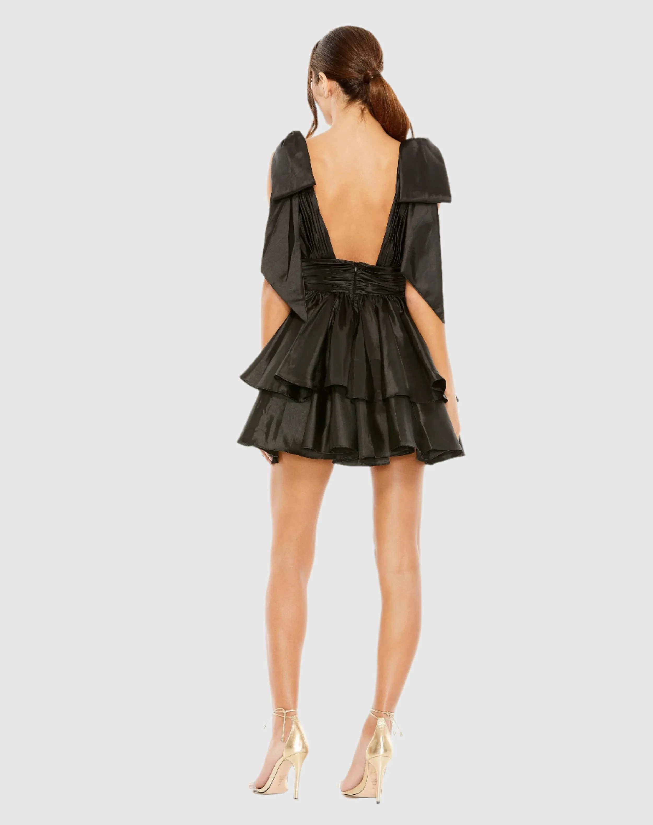 Black Oversized Bow Deep V Ruffle Mini Dress sold by Mac Duggal product image thumbnail 3