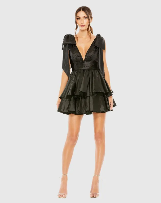 Black Oversized Bow Deep V Ruffle Mini Dress made by Mac Duggal