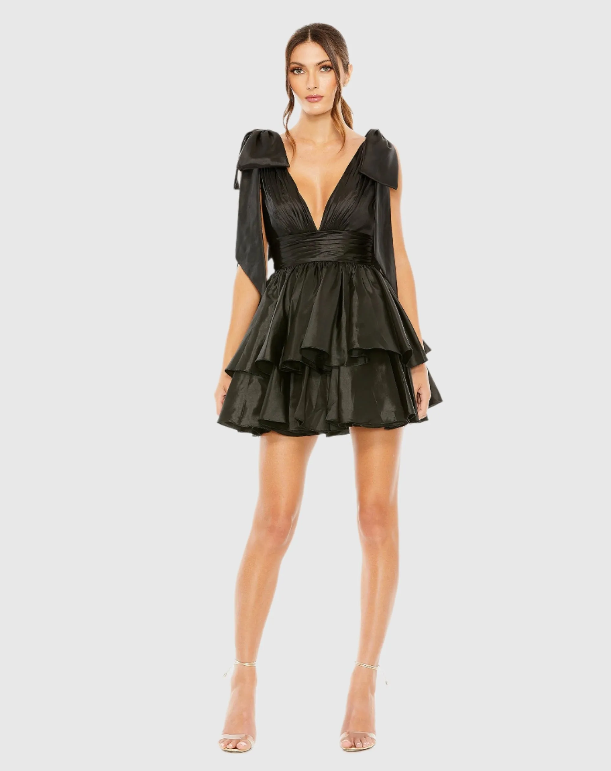 Black Oversized Bow Deep V Ruffle Mini Dress sold by Mac Duggal