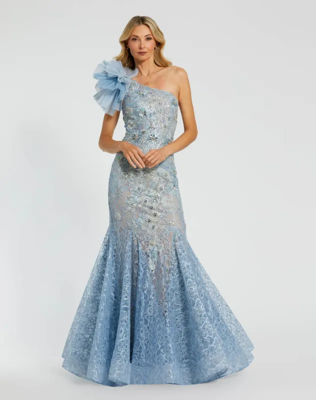 Blue Embellished Tulle Flower Detail Mermaid Gown sold by Mac Duggal