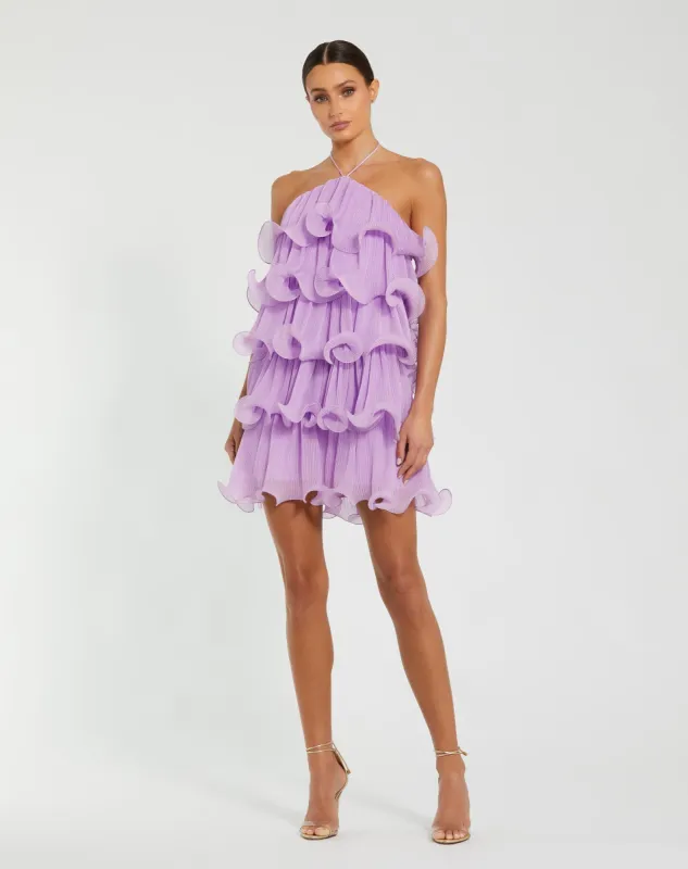 Purple Crinkle Chiffon Tiered Ruffle Mini Dress sold by Mac Duggal
