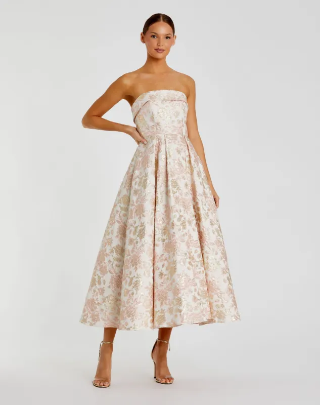 Pink and White Strapless Floral Brocade A Line Midi Dress sold by Mac Duggal