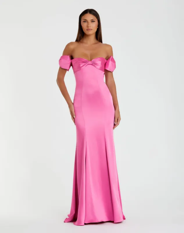 Pink Off The Shoulder Mermaid Satin Dress With Bows sold by Mac Duggal