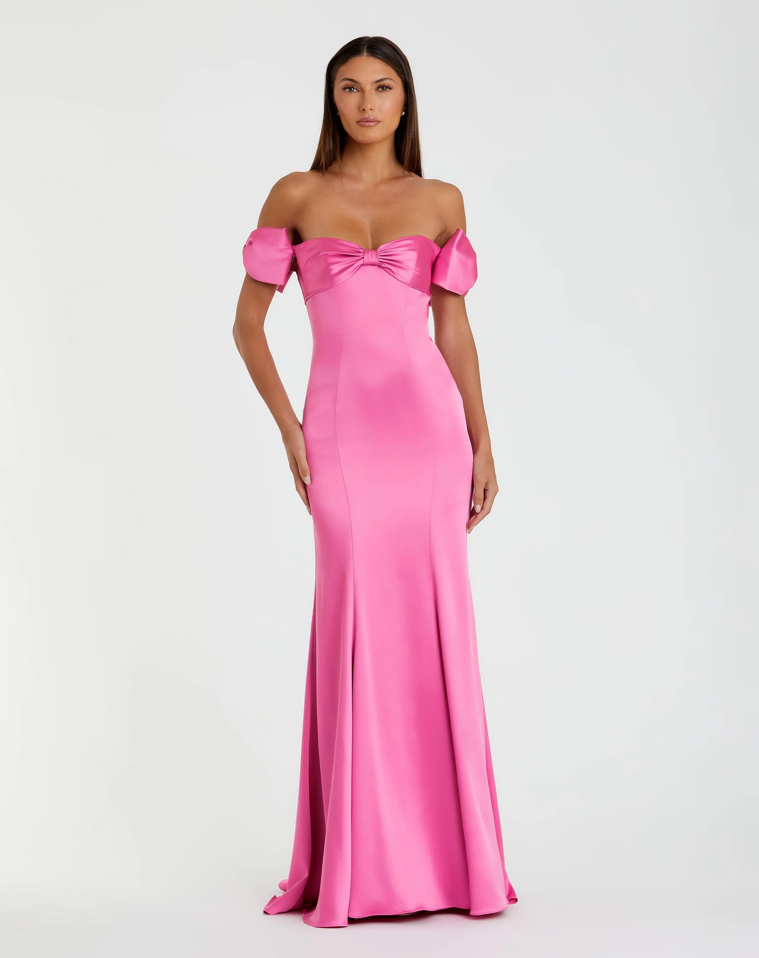Pink Off The Shoulder Mermaid Satin Dress With Bows sold by Mac Duggal
