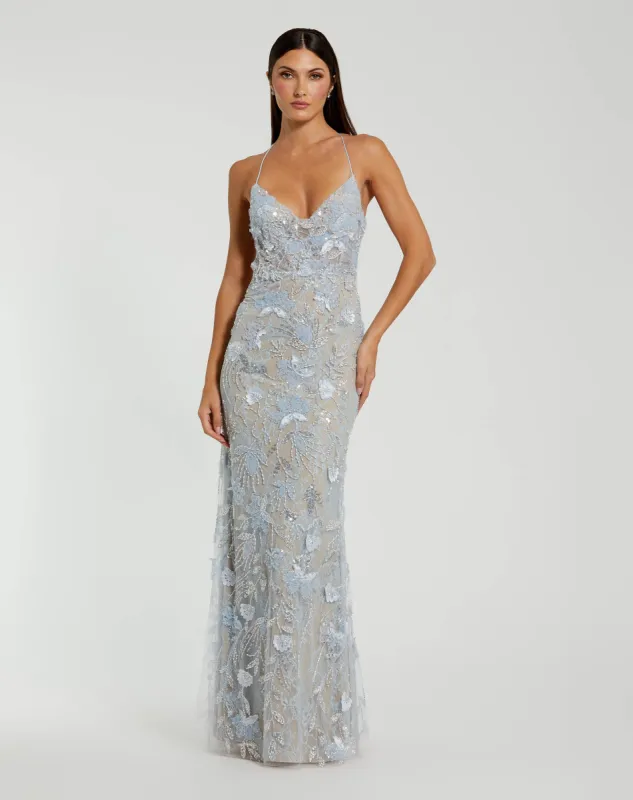 Blue Embroidered Sleeveless Open Back Column Gown sold by Mac Duggal
