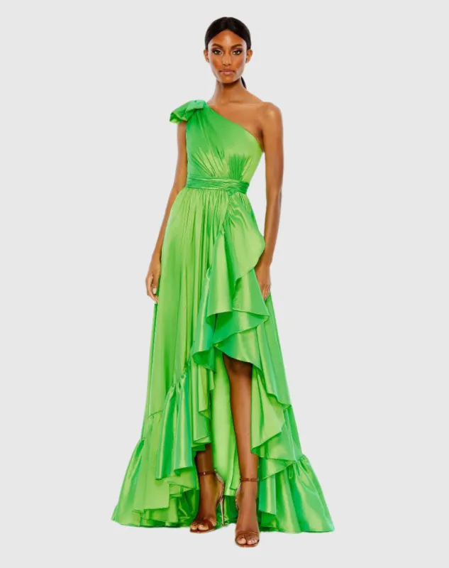 Bow One Shoulder Ruffle Asymmetrical Hem Gown sold by Mac Duggal