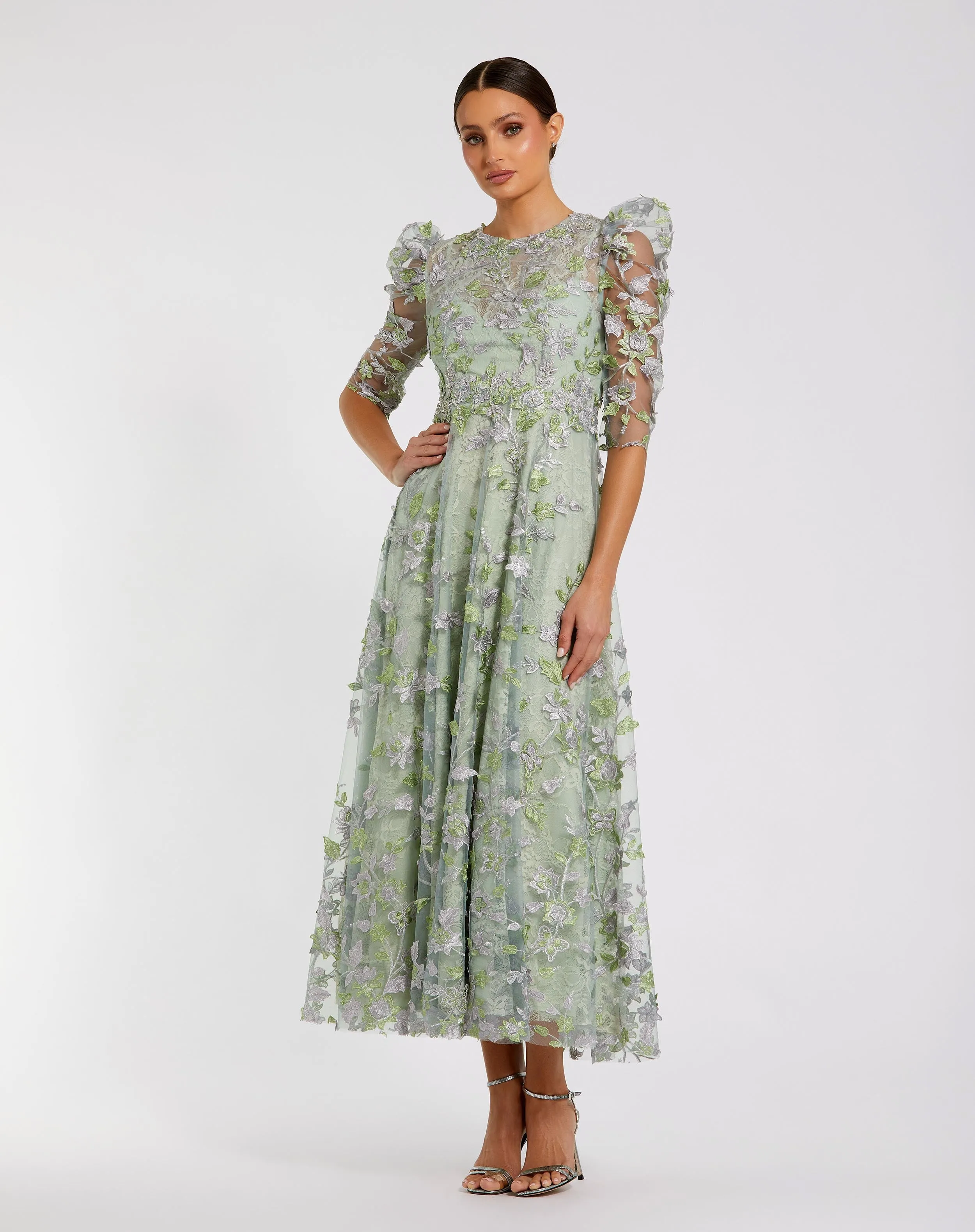 Green Applique High Neck Puff Sleeve A Line Dress sold by Mac Duggal