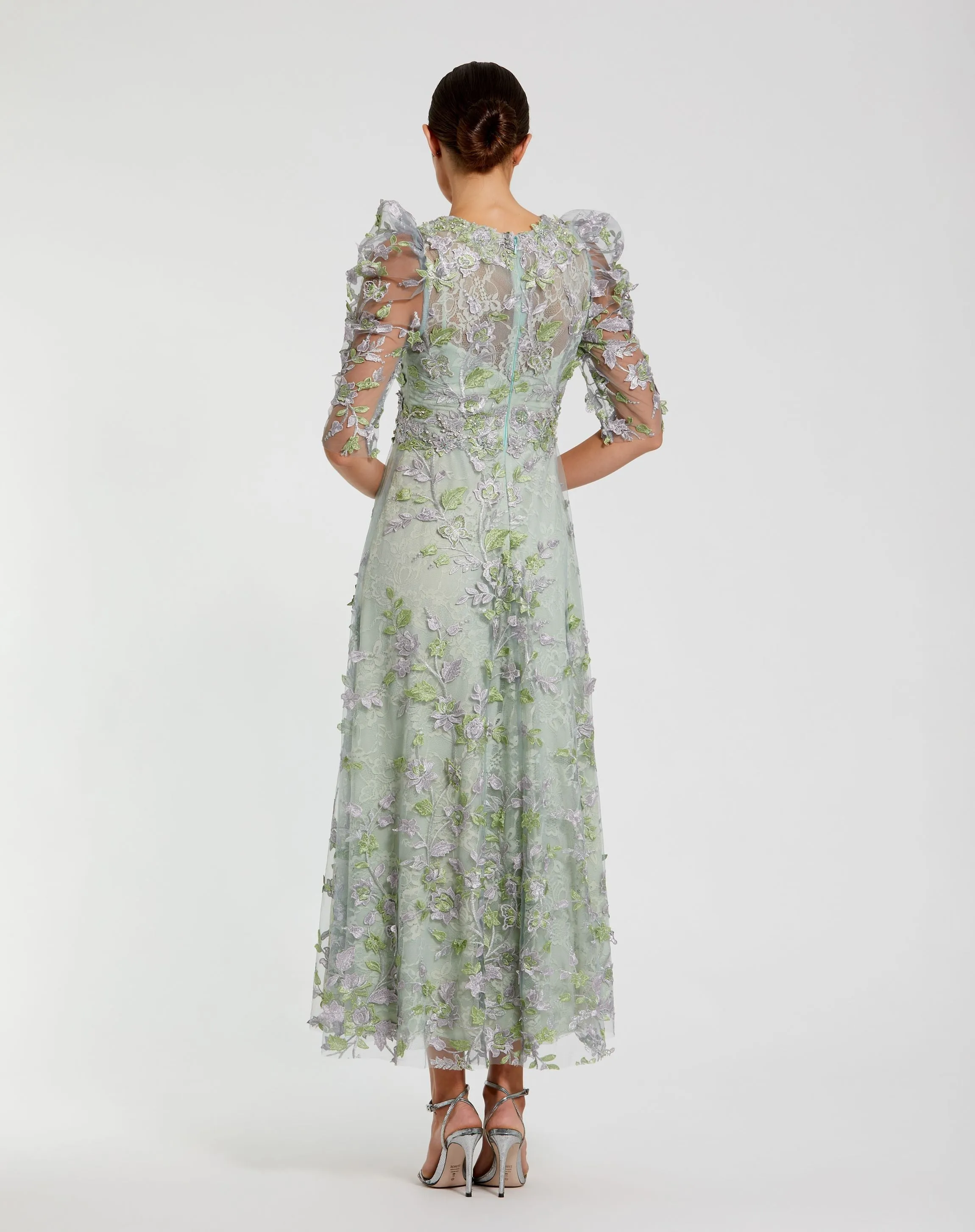 Green Applique High Neck Puff Sleeve A Line Dress sold by Mac Duggal product image thumbnail 3