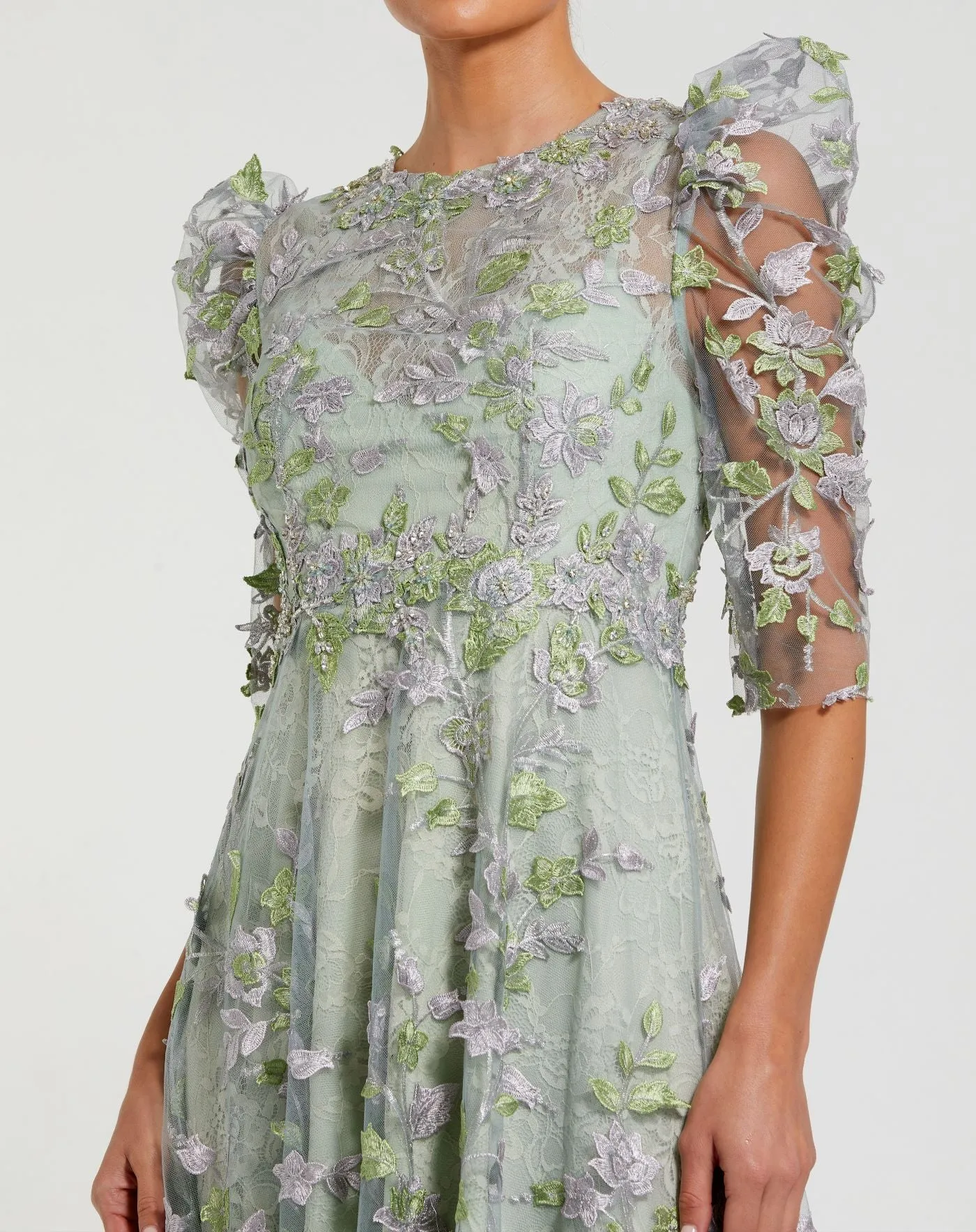 Green Applique High Neck Puff Sleeve A Line Dress sold by Mac Duggal product image thumbnail 2