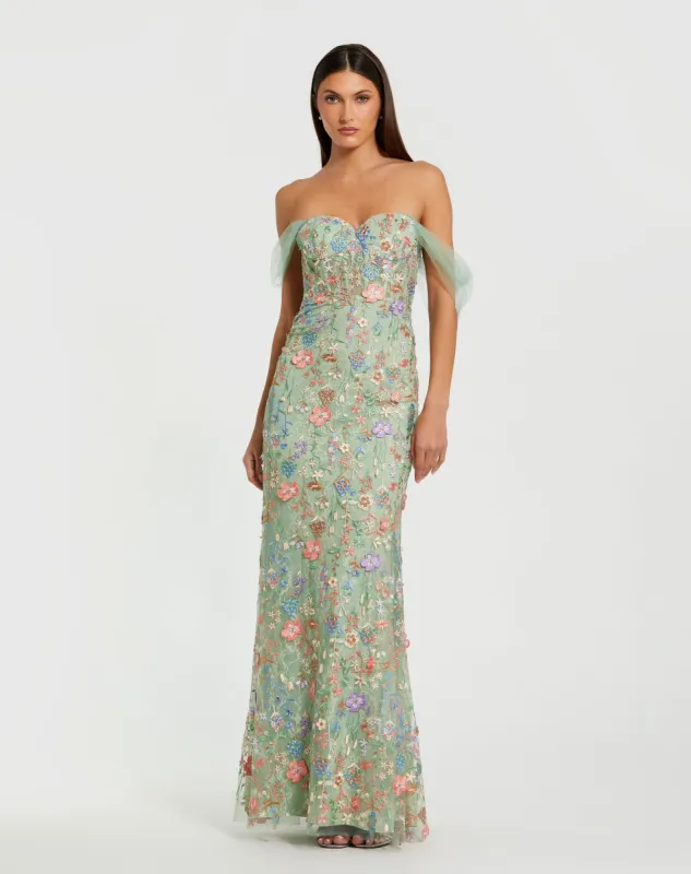 Green Off-the-Shoulder Bustier Floral Column Gown sold by Mac Duggal