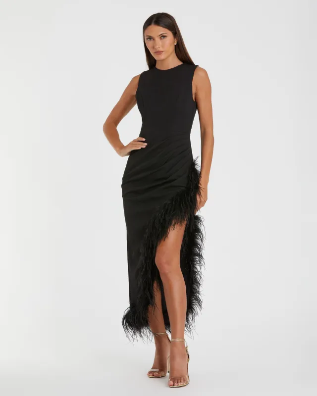 Sleeveless Faux Wrap Dress with Feather Detail sold by Mac Duggal