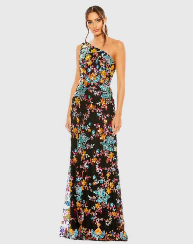 Multicolor One Shoulder Floral Sequin Lace Up Gown sold by Mac Duggal