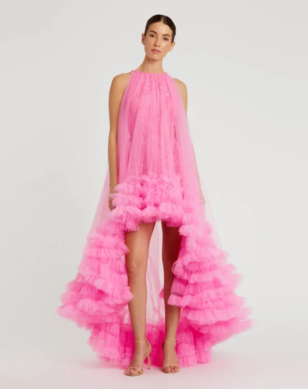 Pink Tulle High Neck Sleeveless Ruffled Hem Hi-Low Gown sold by Mac Duggal