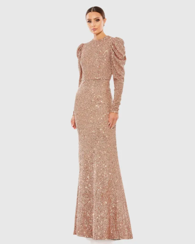 Sequined High Neck Puff Long Sleeve Column Gown sold by Mac Duggal