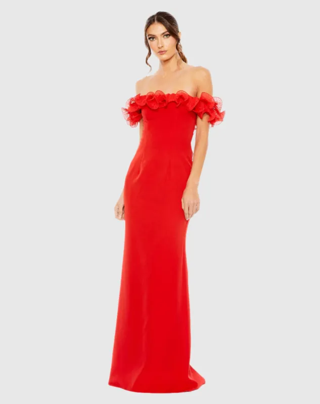 Off the Shoulder Ruffle Detail Column Gown sold by Mac Duggal