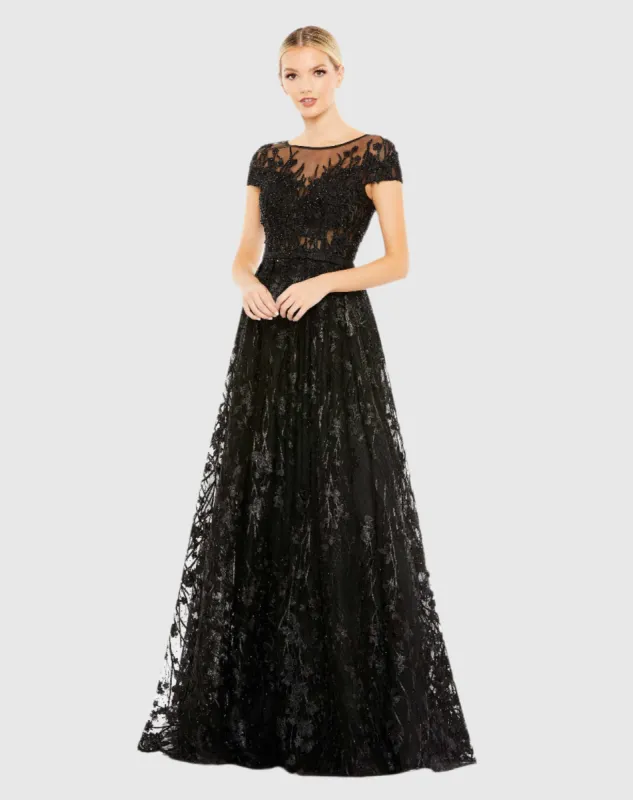 Black Embellished Floral Cap Sleeve A Line Gown sold by Mac Duggal