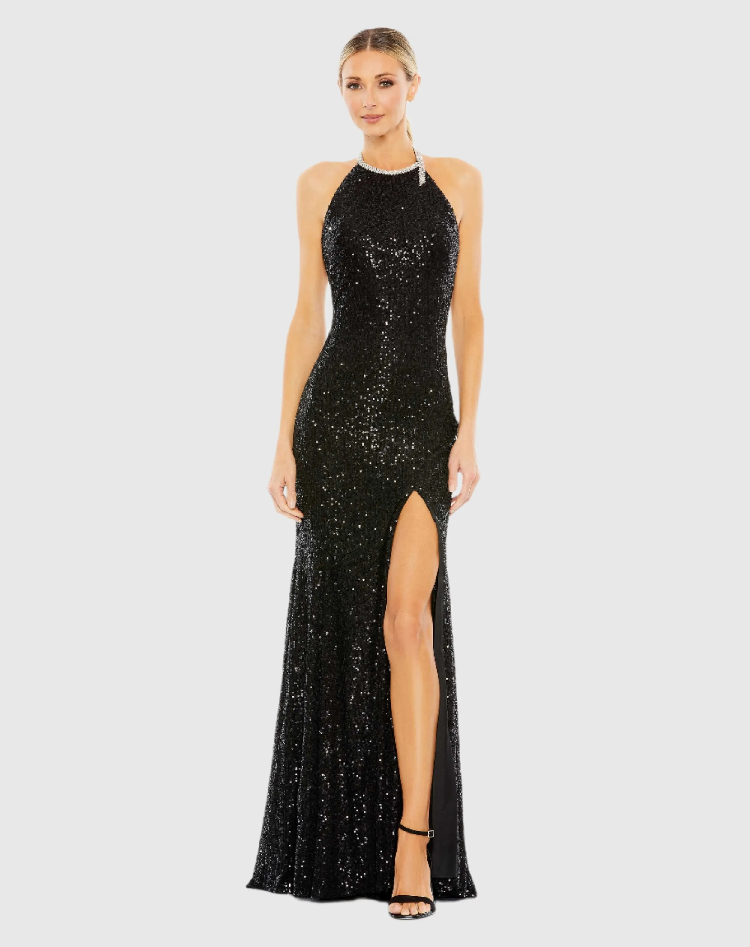 Black Sequined High Neck Rhinestone Trim Column Gown sold by Mac Duggal