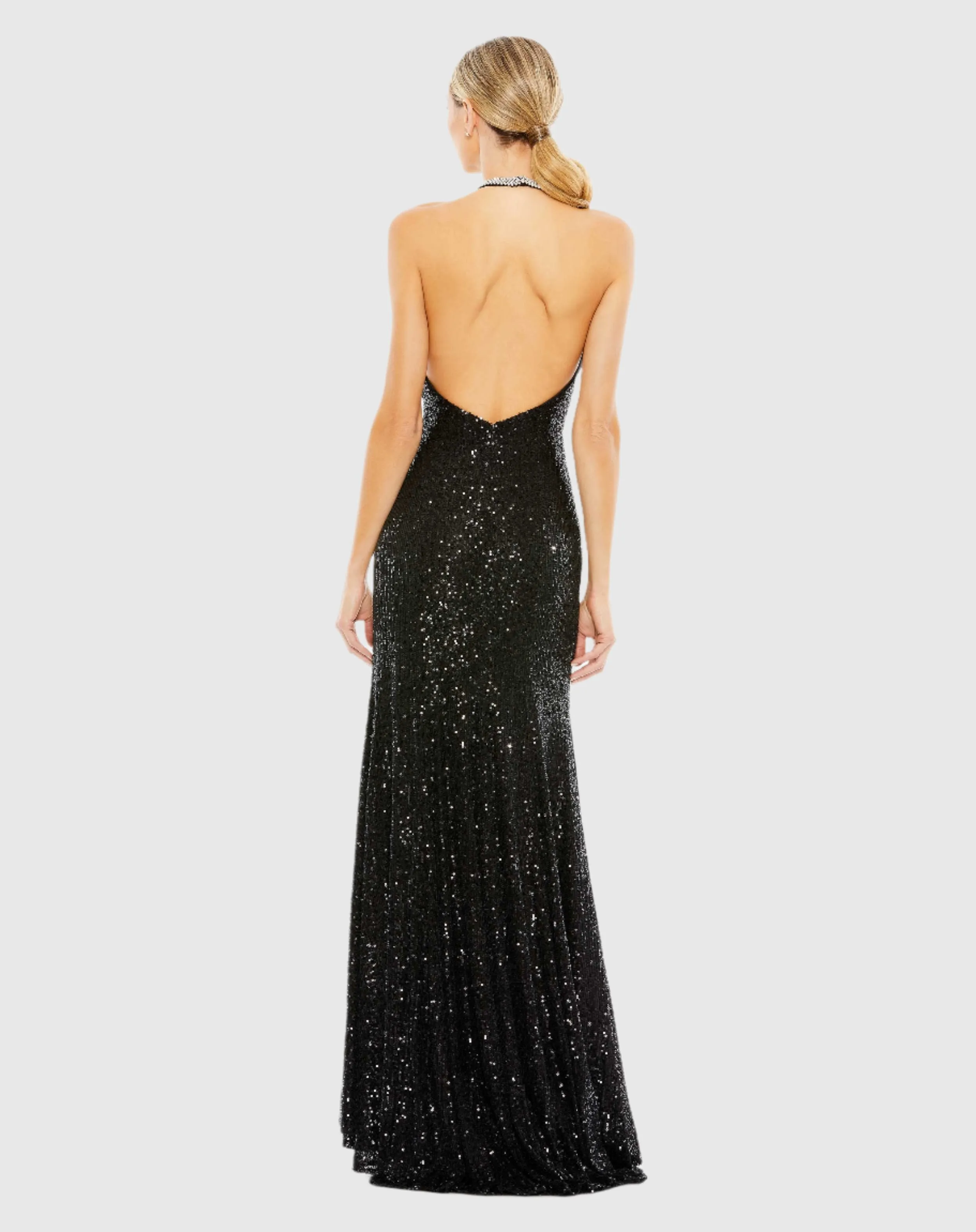 Black Sequined High Neck Rhinestone Trim Column Gown sold by Mac Duggal product image thumbnail 3