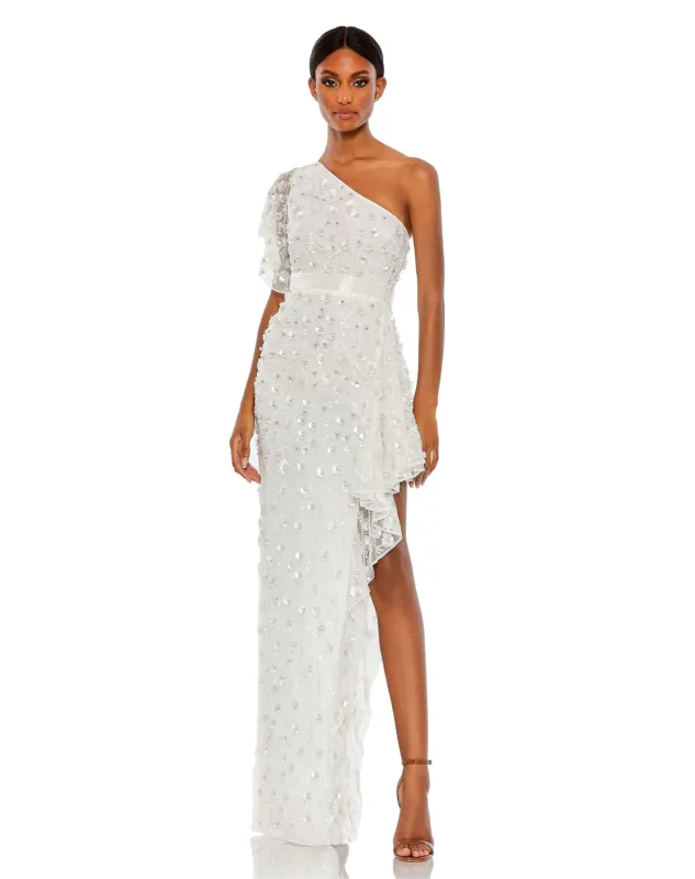 One Shoulder Beaded Embellished Gown with Asymmetrical Hem sold by Mac Duggal
