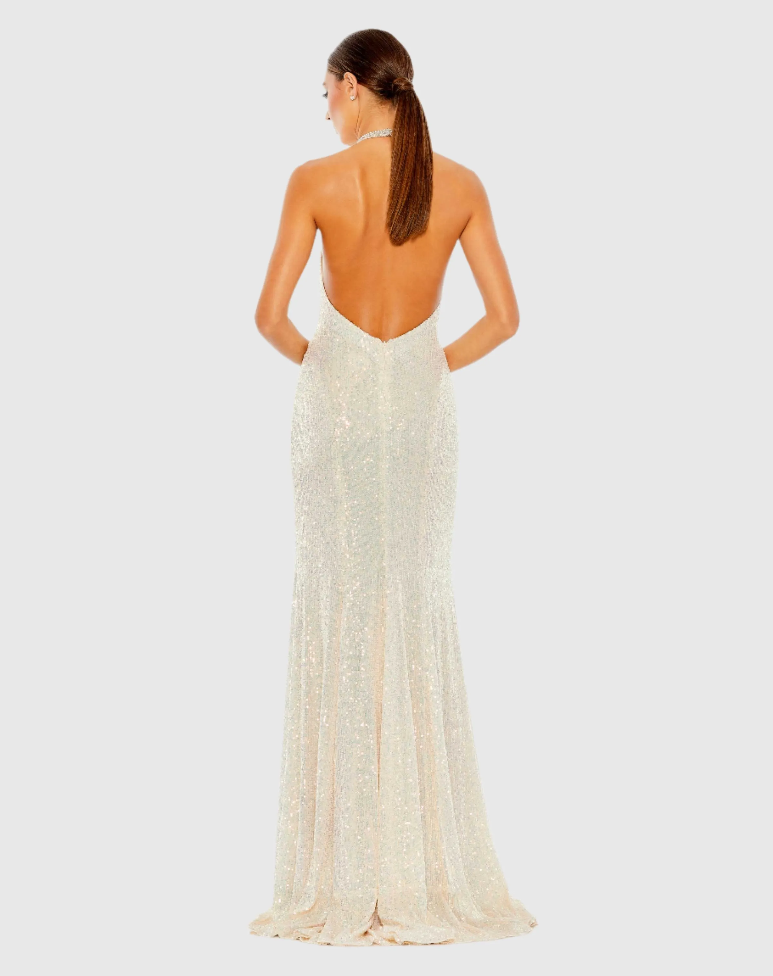 White Sequined High Neck Rhinestone Trim Column Gown sold by Mac Duggal product image thumbnail 3