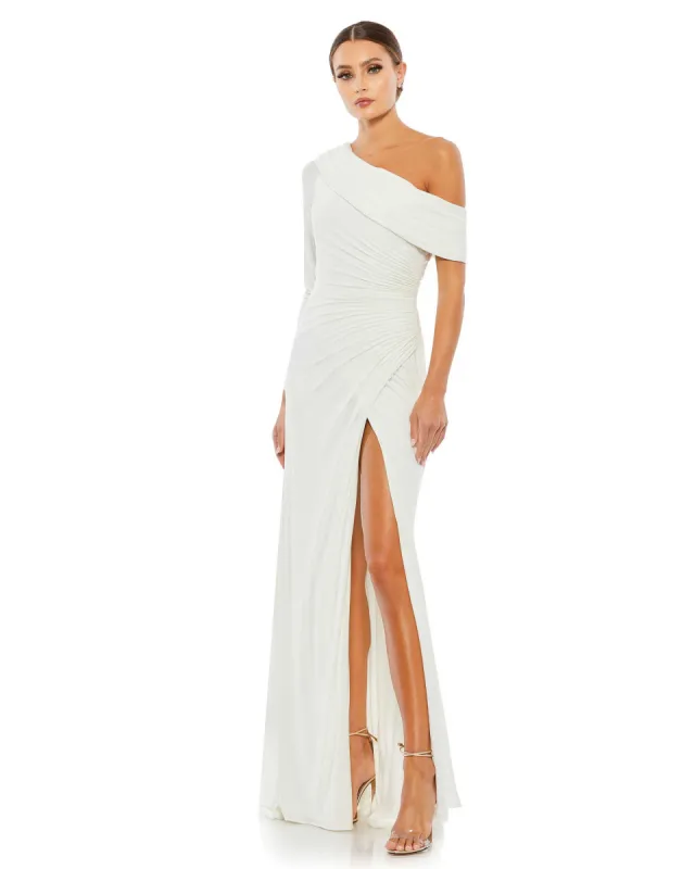 White Ruched Jersey Drop Shoulder Foldover Gown sold by Mac Duggal